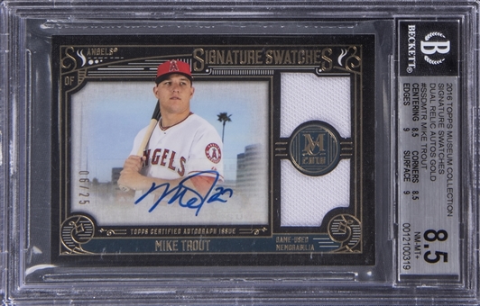 2016 Topps Museum Collection Signature Swatches Dual Relic Autographs Gold #SSDMTR Mike Trout Signed Dual Jersey Card (#06/25) - BGS NM-MT+ 8.5/BGS 10
